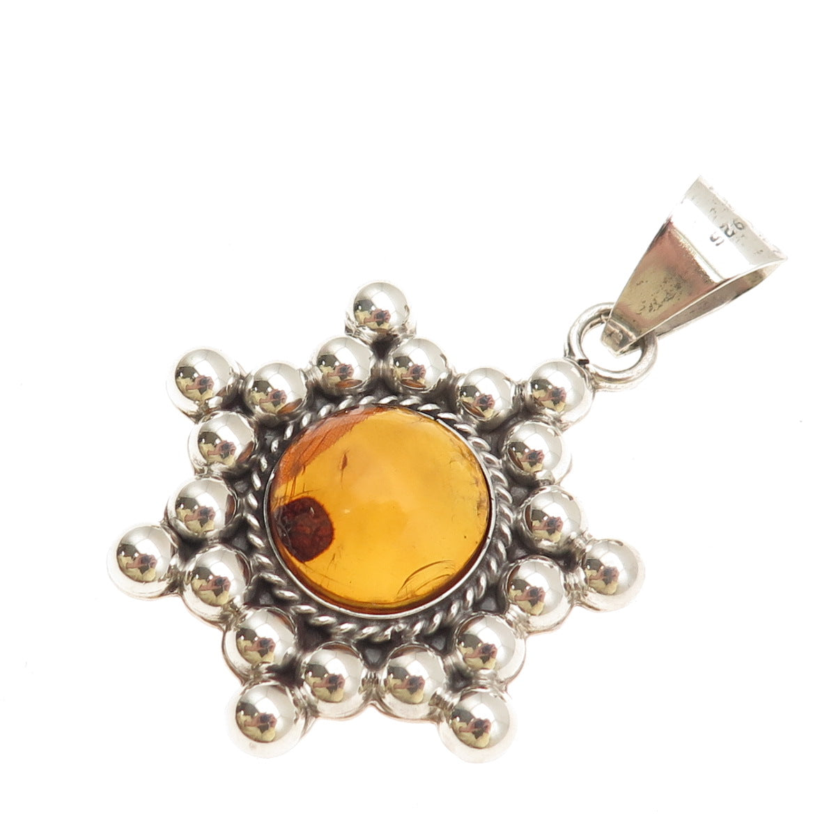 925 Sterling Silver Vintage Mexico Real Amber Modernist Beaded Pendant