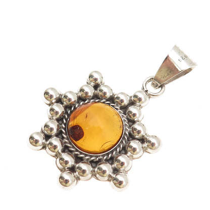 925 Sterling Silver Vintage Mexico Real Amber Modernist Beaded Pendant