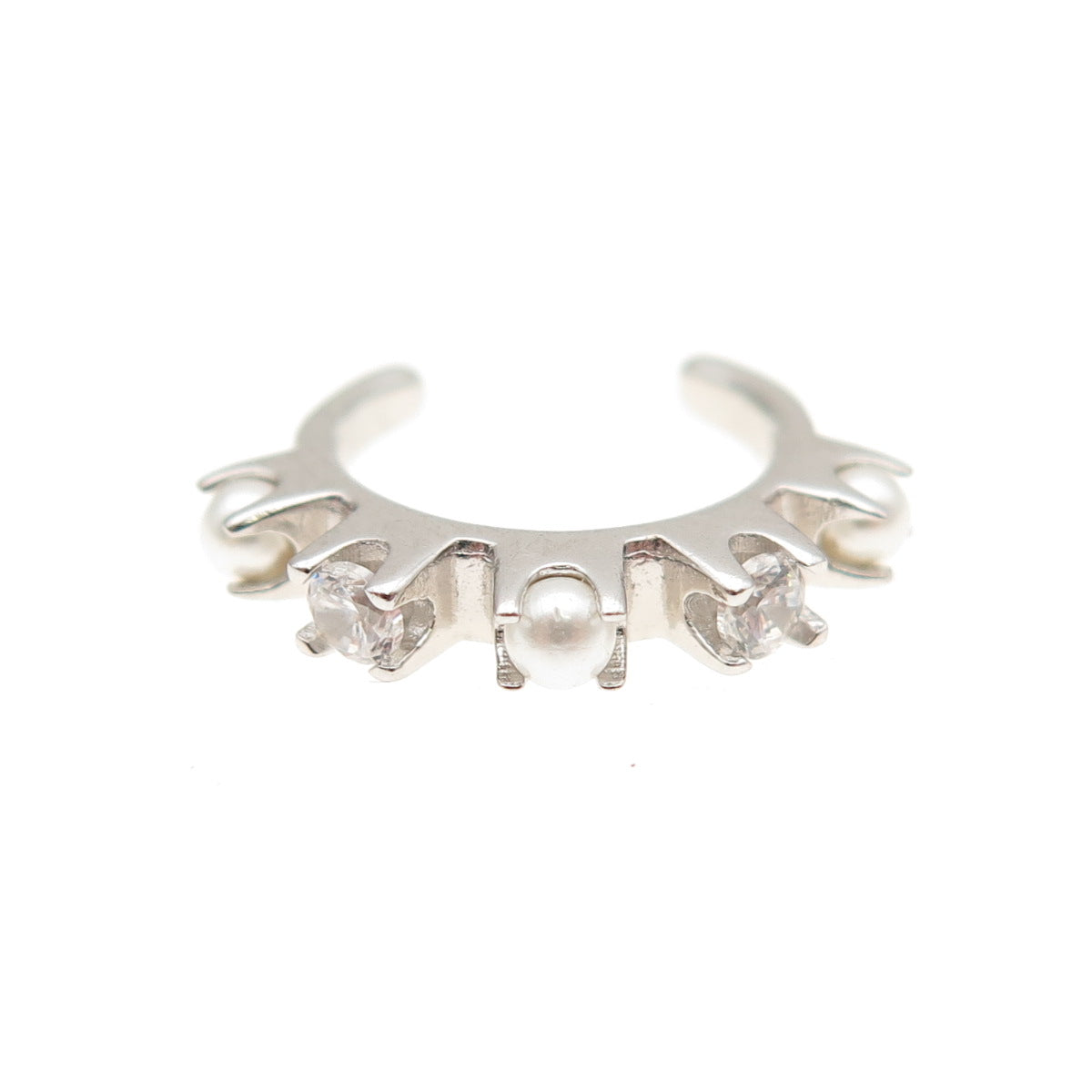 925 Sterling Silver Real Pearl & Round-Cut C Z SINGLE Cuff Earring