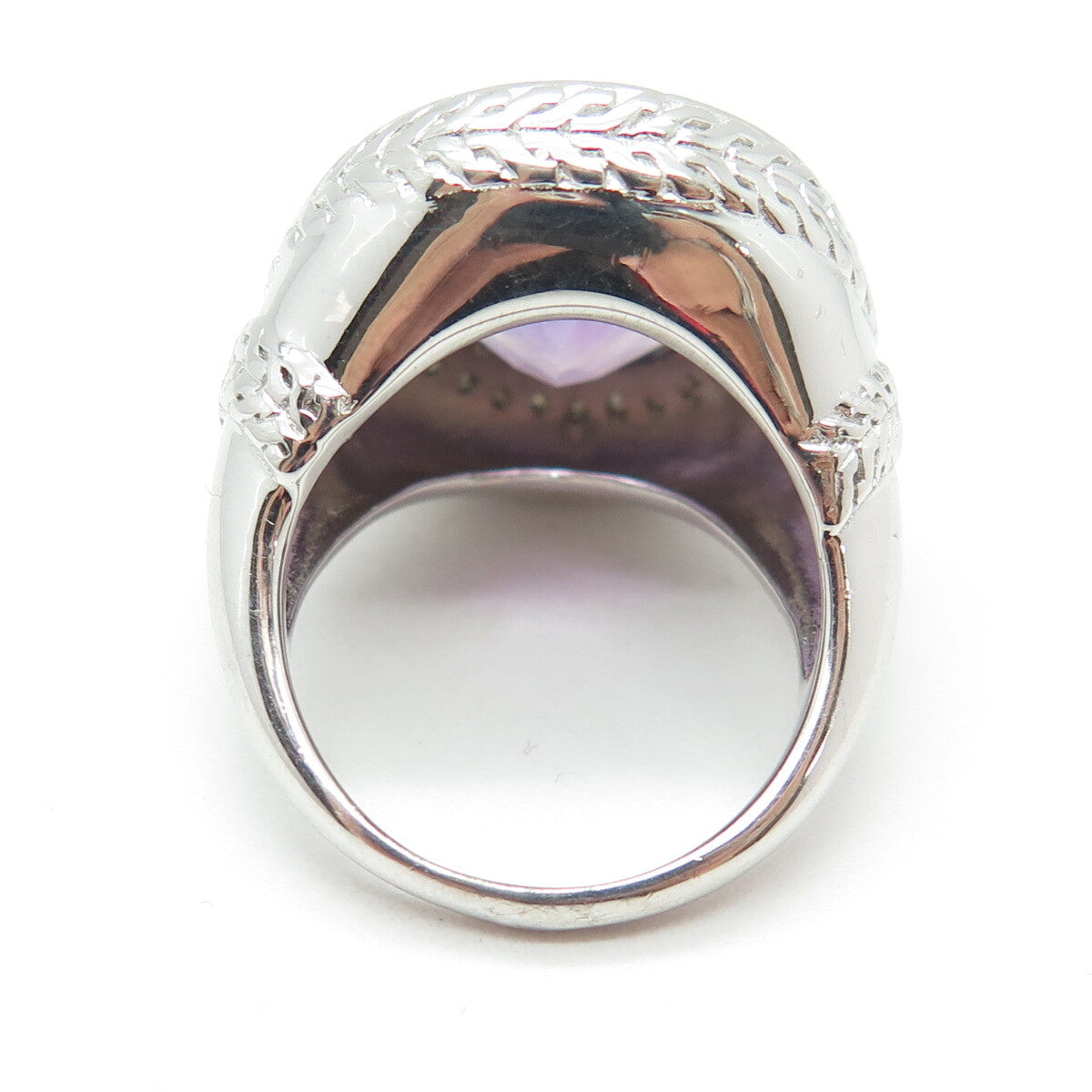 925 Sterling Silver Amethyst & White Topaz Gem Engraved Dome Ring Size 7.25
