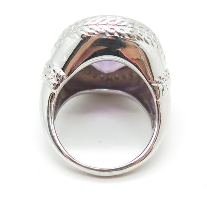 925 Sterling Silver Amethyst & White Topaz Gem Engraved Dome Ring Size 7.25