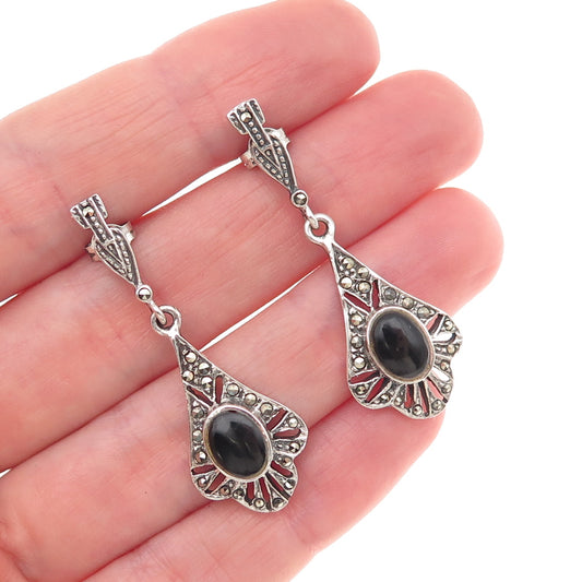 Charles Winston 925 Sterling Silver Vintage Real Black Onyx & Marcasite Earrings