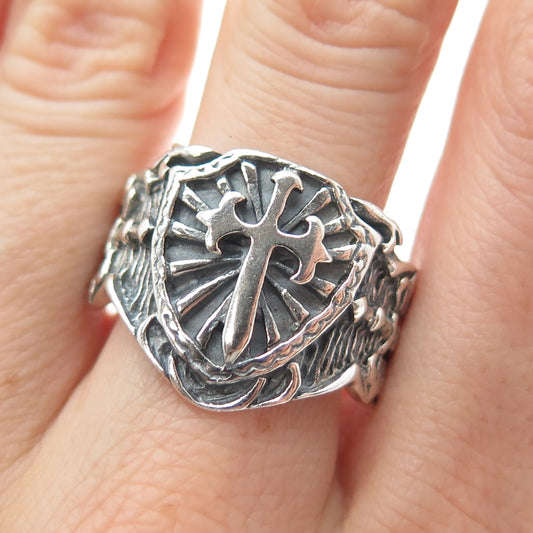 925 Sterling Silver Vintage Knight Sword & Shield Oxidized Ring Size 12.25