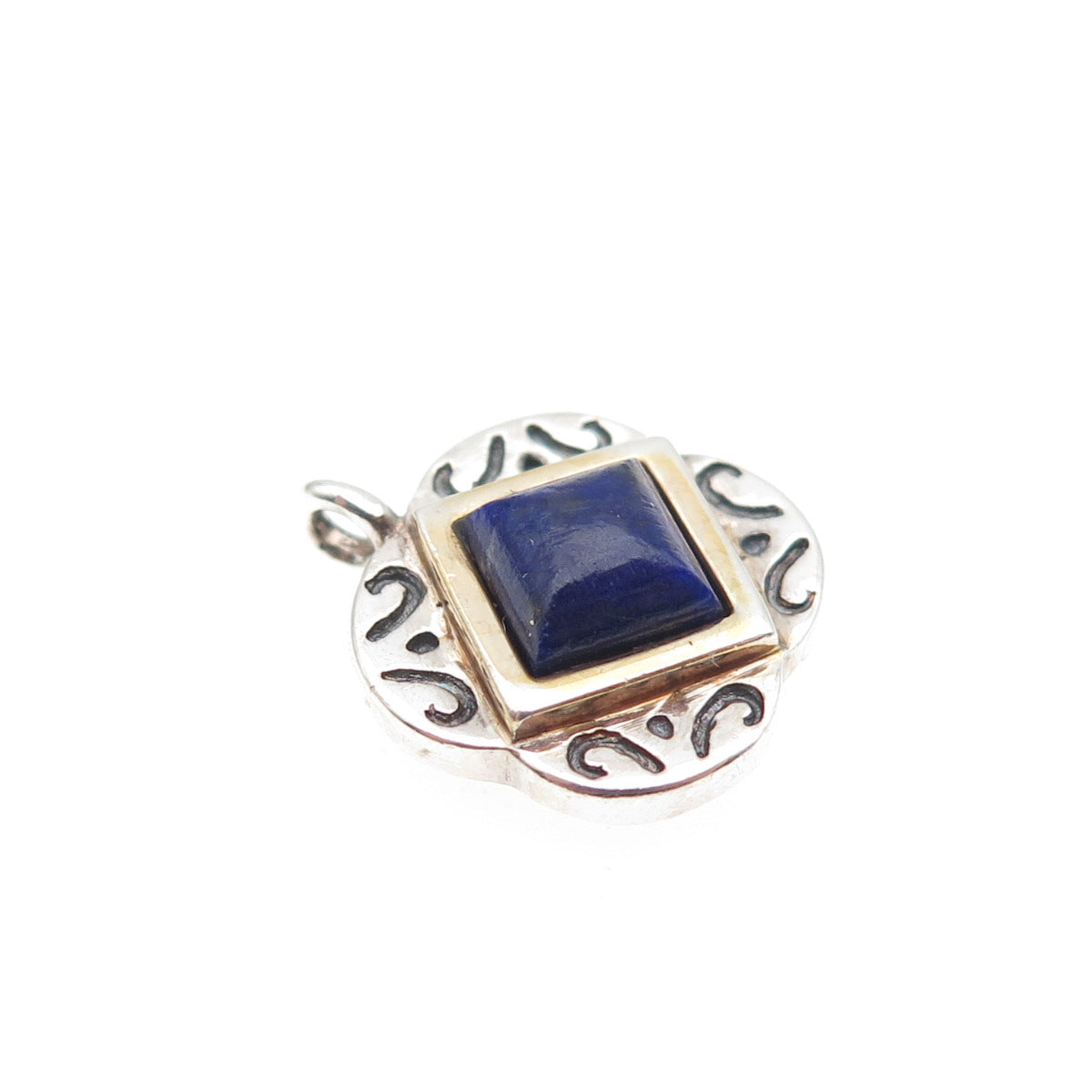 925 Sterling Silver 2-Tone Vintage Real Lapis Lazuli Floral Mini Charm Pendant