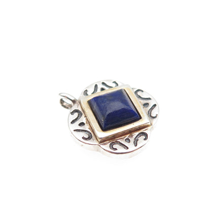 925 Sterling Silver 2-Tone Vintage Real Lapis Lazuli Floral Mini Charm Pendant