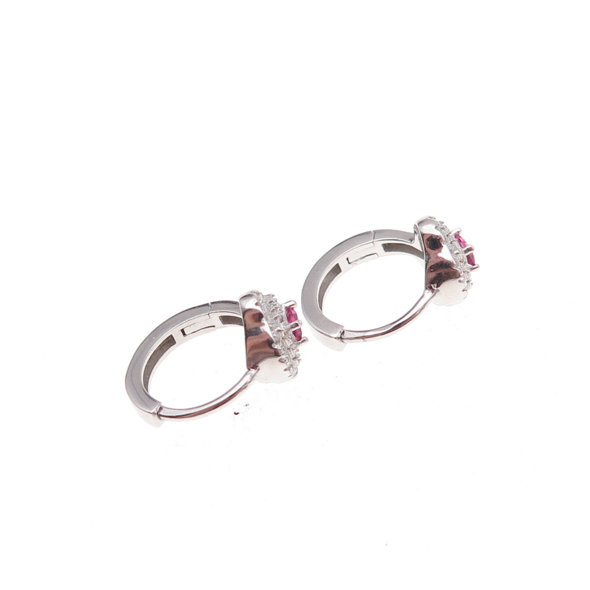 925 Sterling Silver Pink & White C Z Hoop Earrings