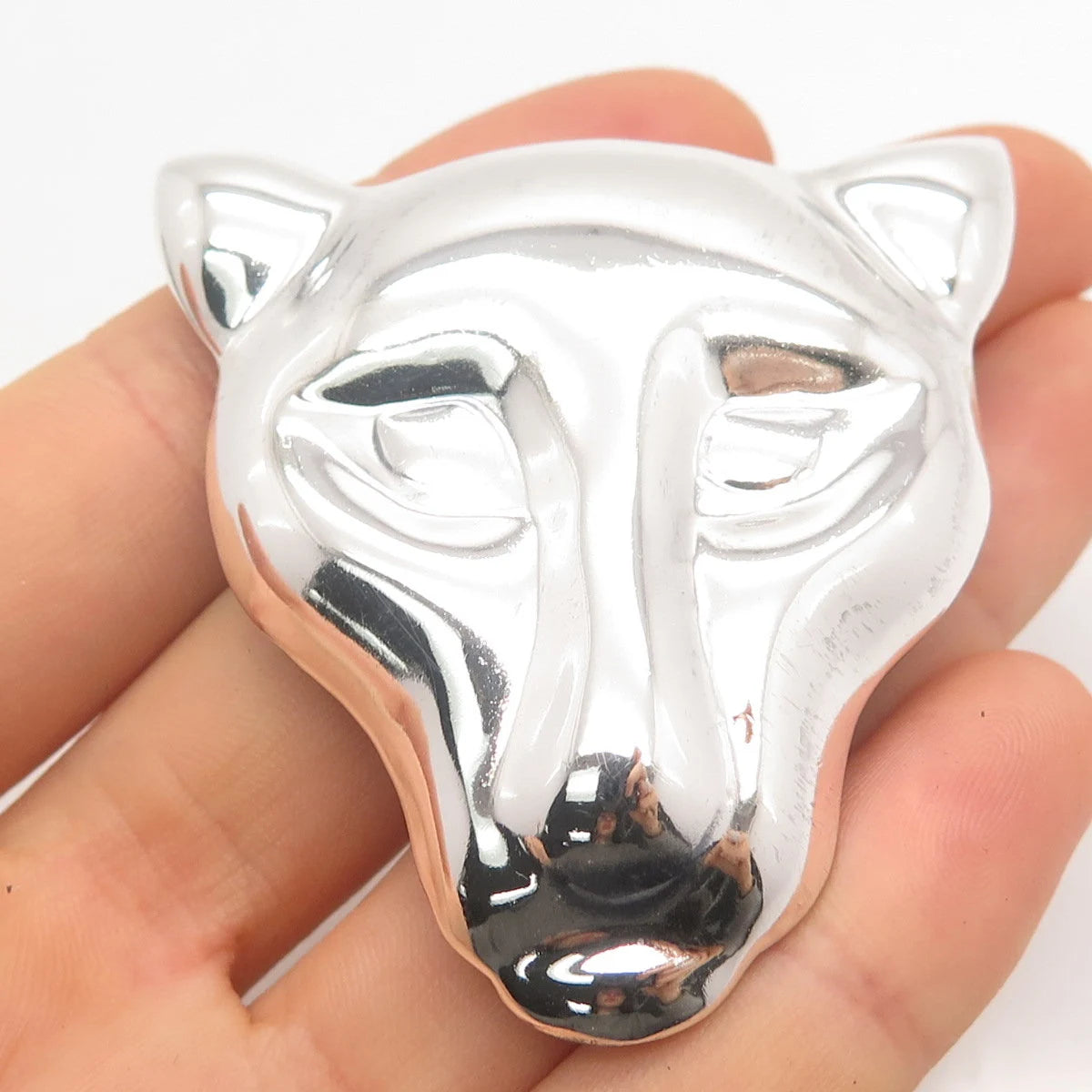 925 Sterling Silver Vintage Mexico Leopard Face Pin Brooch / Pendant