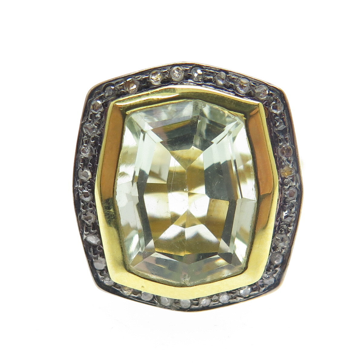925 Sterling Silver Gold Plated Real Diamond & Blue Topaz Gem Ring Size 4.75