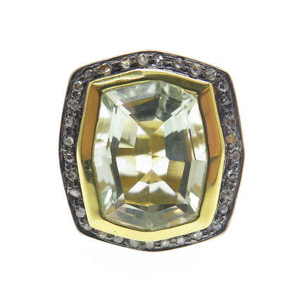 925 Sterling Silver Gold Plated Real Diamond & Blue Topaz Gem Ring Size 4.75