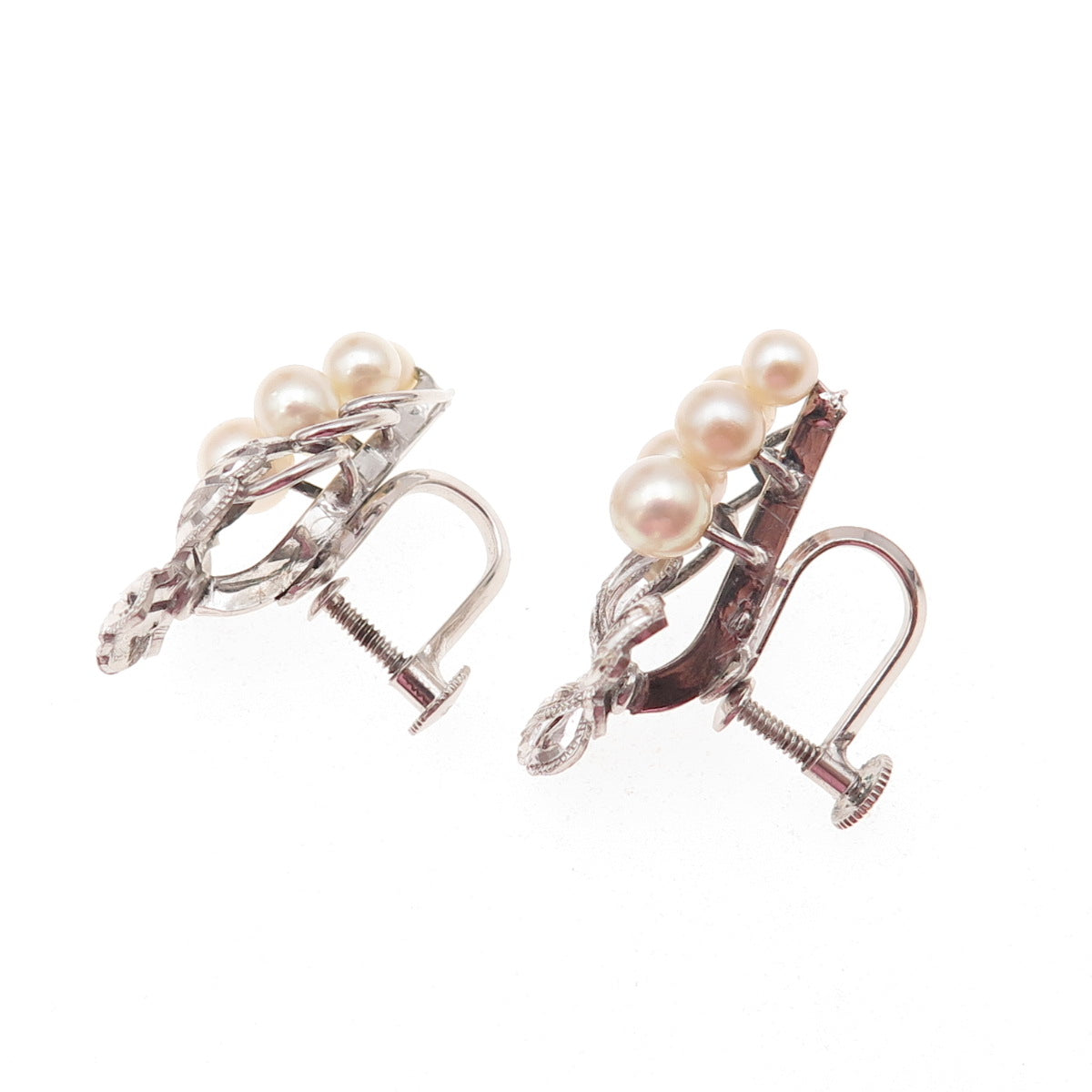 925 Sterling Antique Art Deco Real Akoya Pearl Floral Screw Back Earrings