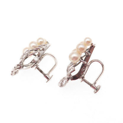 925 Sterling Antique Art Deco Real Akoya Pearl Floral Screw Back Earrings