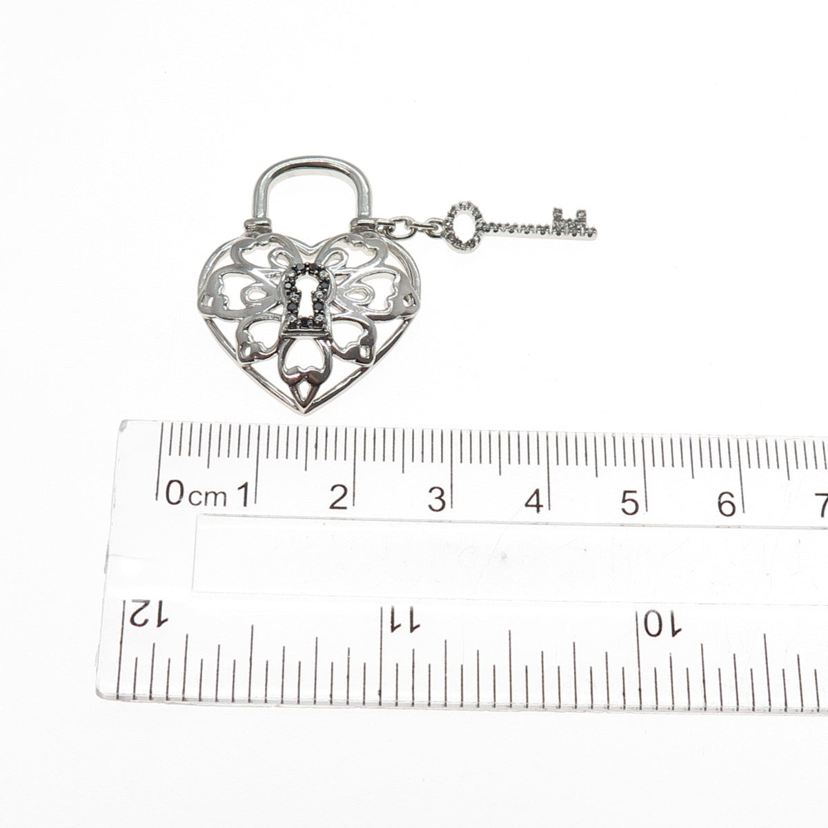 JANE SEYMOUR Sterling Silver Real Black & White Diamond Heart Lock Key Pendant