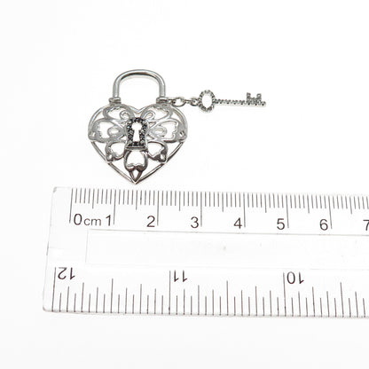 JANE SEYMOUR Sterling Silver Real Black & White Diamond Heart Lock Key Pendant