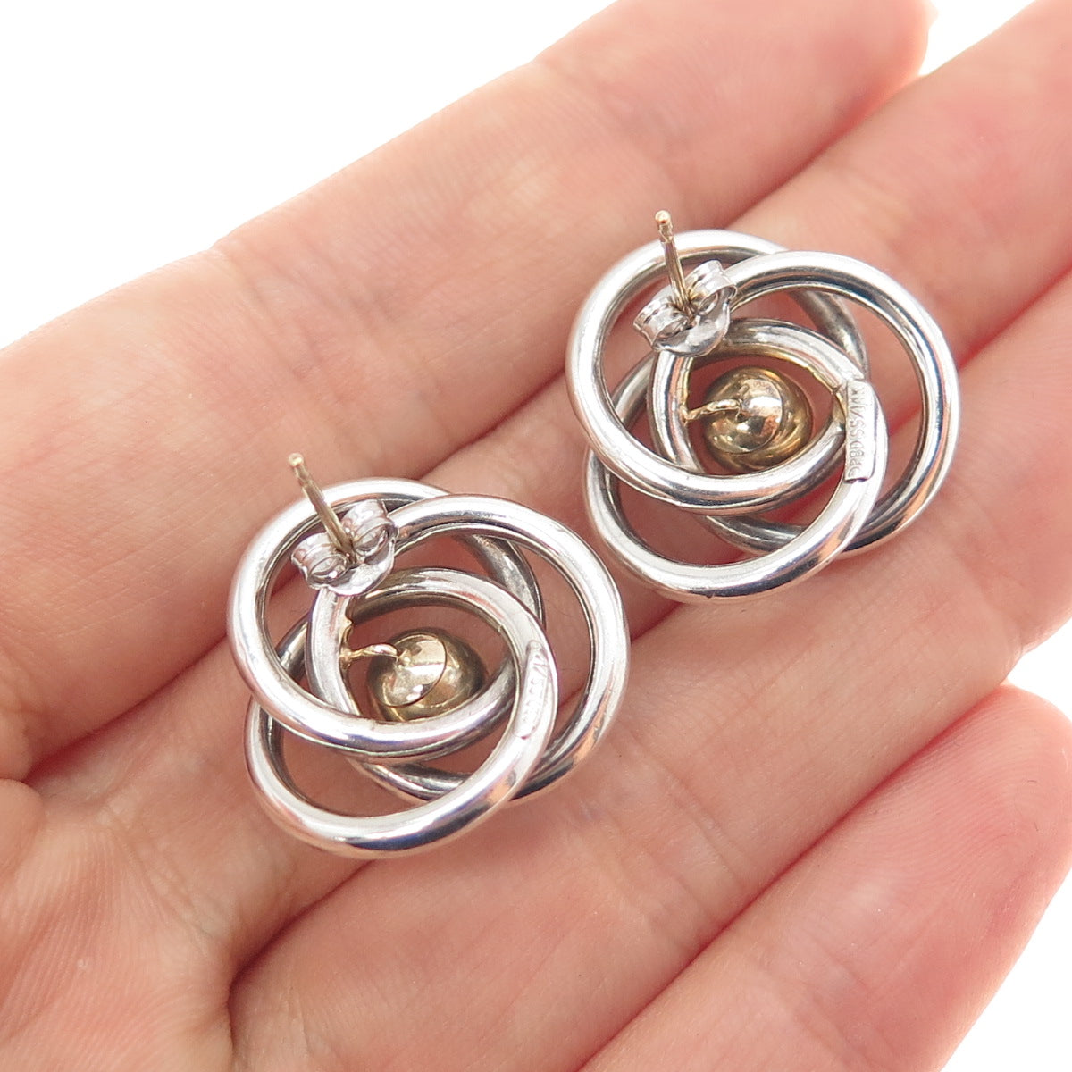 14K Gold & 925 Sterling Silver Vintage Modernist Trinity Flower Earrings