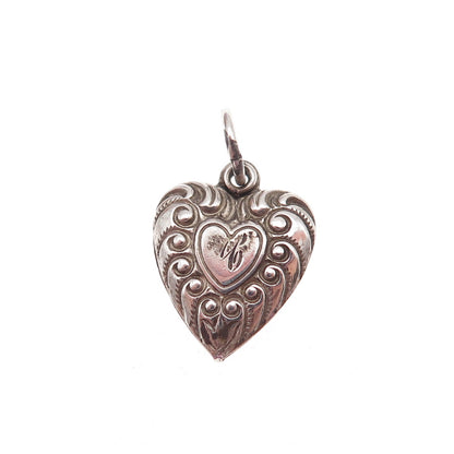 925 Sterling Silver Antique Art Deco Engraved Heart Chatelaine Charm Pendant