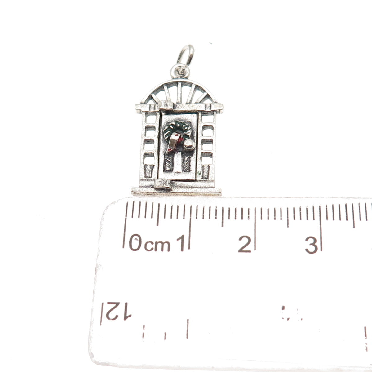 925 Sterling Silver Vintage Enamel Christmas Door Oxidized Charm Pendant