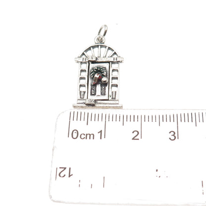 925 Sterling Silver Vintage Enamel Christmas Door Oxidized Charm Pendant