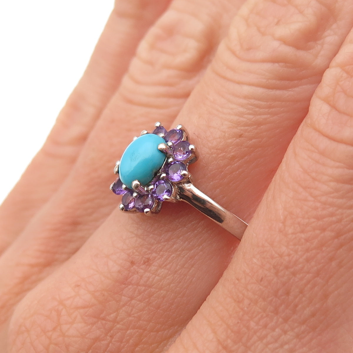 Chuck Clemency 925 Sterling Silver Real Turquoise & Amethyst Floral Ring Size 7