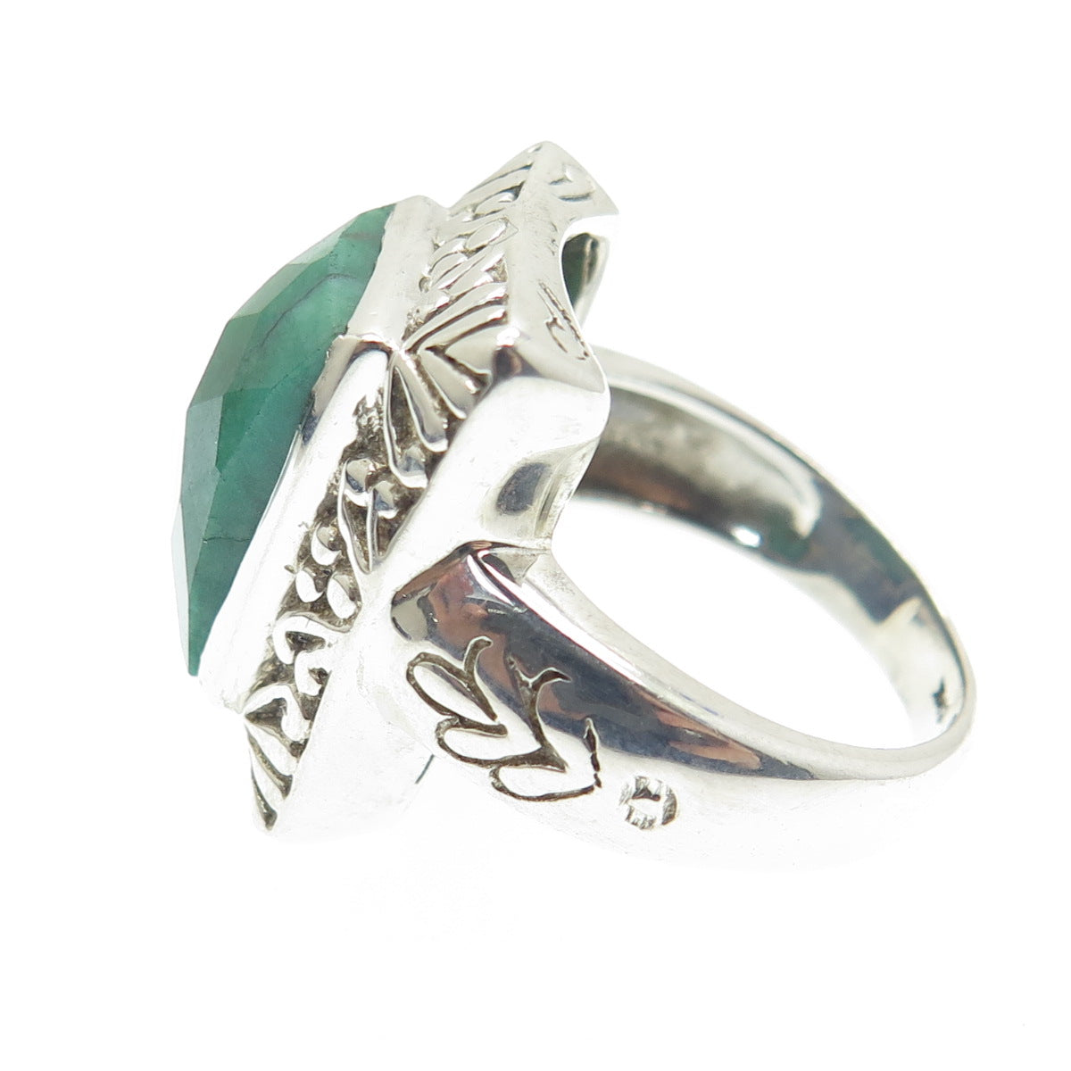 925 Sterling Silver Real Checkered Emerald Gemstone Ornate Frame Ring Size 8