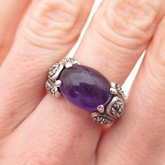 925 Sterling Silver Vintage Real Amethyst & Marcasite Oxidized Ring Size 5.75