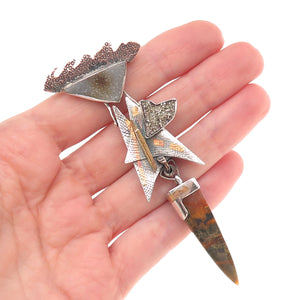 Emilie Sterling Silver 22K Gold Vintage Real Agate & Druzy Modernist Pin Brooch