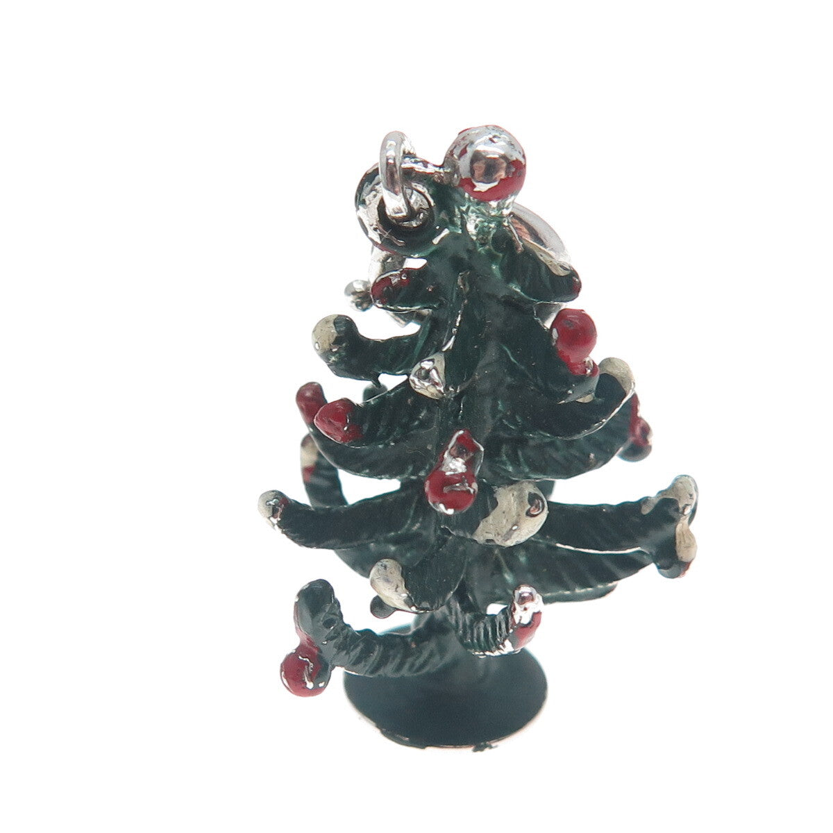 JEWELART Sterling Silver Antique Enamel Christmas Tree Spring Ring Charm Pendant