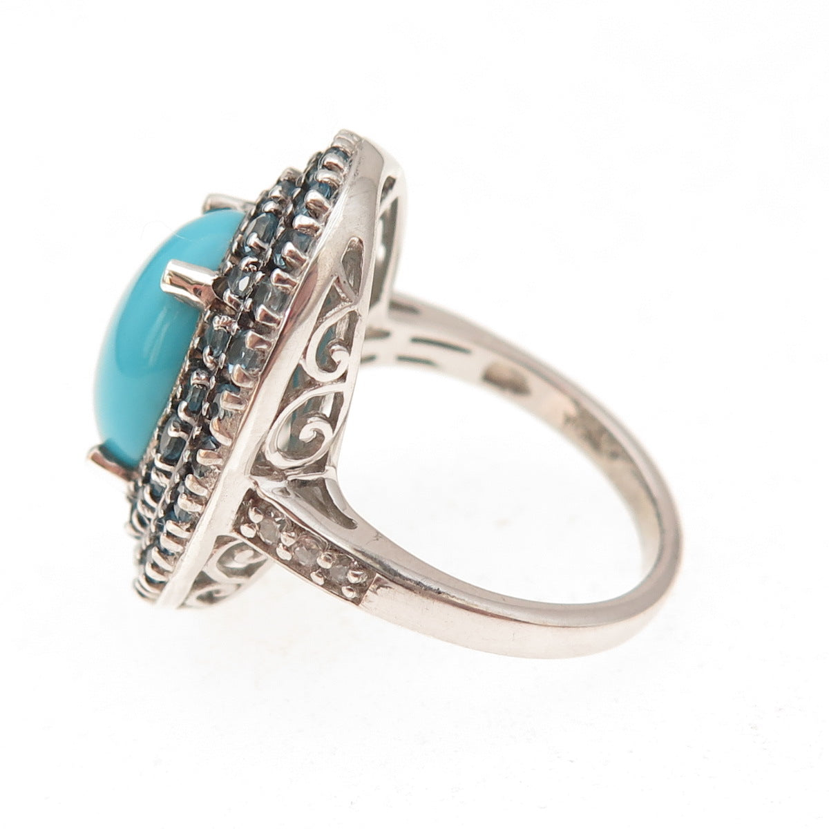 925 Sterling Silver Real Sleeping Beauty Turquoise & Blue Topaz Ring Size 8.25
