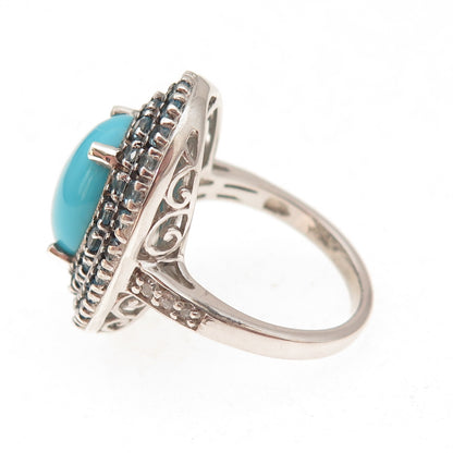 925 Sterling Silver Real Sleeping Beauty Turquoise & Blue Topaz Ring Size 8.25