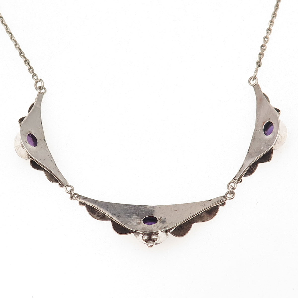 925 Sterling Silver Vintage Real Amethyst Floral Cable Chain Necklace 18"