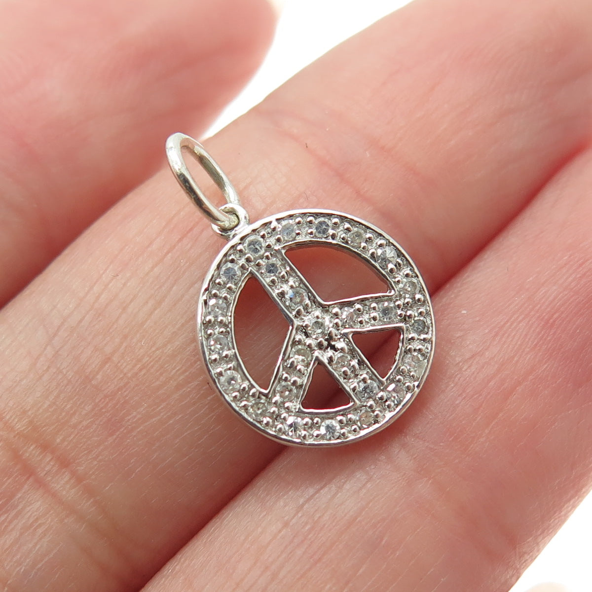 925 Sterling Silver Real Round-Cut Diamond Peace Symbol Minimalist Charm Pendant