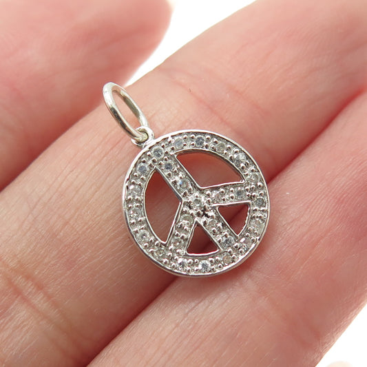 925 Sterling Silver Real Round-Cut Diamond Peace Symbol Minimalist Charm Pendant