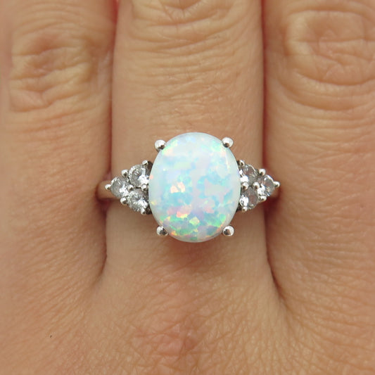 925 Sterling Silver Real White Opal & White Topaz Gemstone Ring Size 9.5