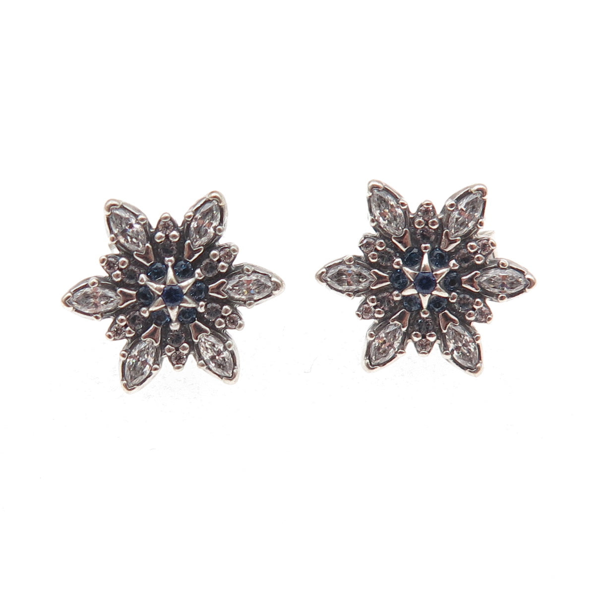 Pandora 925 Sterling Silver White & Blue C Z Sparkling Snowflake Stud Earrings