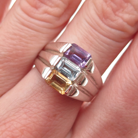 Chapal Zenray Sterling Silver Vintage Real Topaz Citrine Amethyst Ring Size 7.25