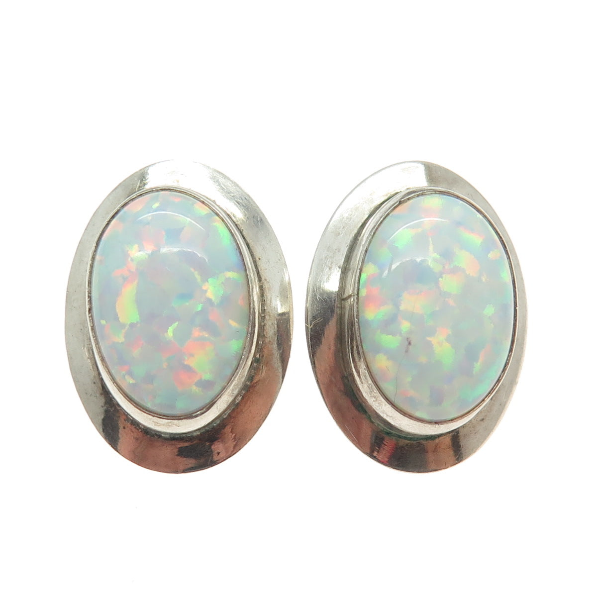 925 Sterling Silver Vintage Real White Opal Gemstone Modernist Earrings