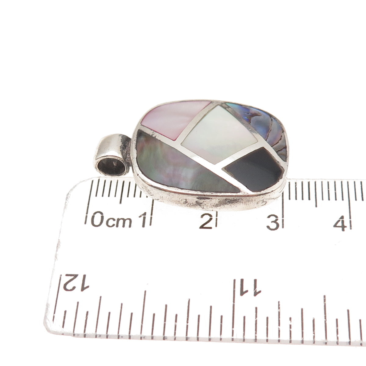 925 Sterling Silver Vintage Real MOP & Abalone Shell Mosaic Charm Pendant