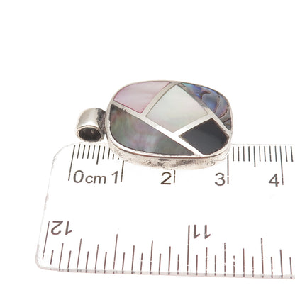 925 Sterling Silver Vintage Real MOP & Abalone Shell Mosaic Charm Pendant