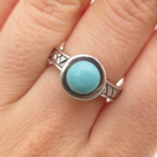 925 Sterling Silver Vintage Real Round-Cut Turquoise Oxidized Ring Size 6.75