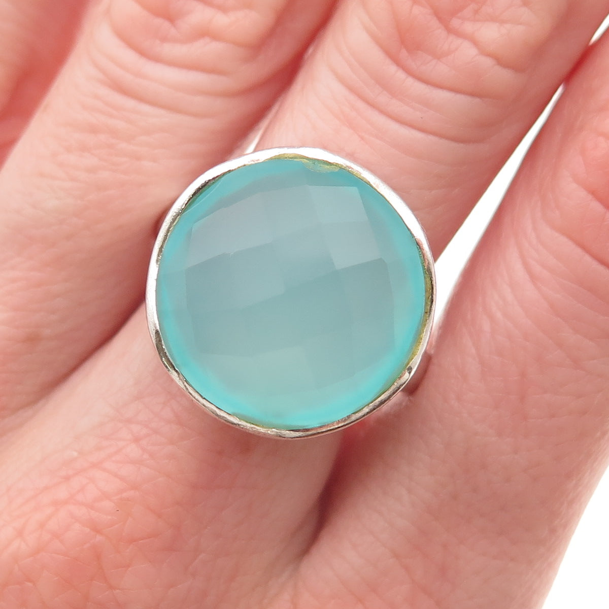 925 Sterling Silver Real Blue Chalcedony Modernist Ring Size 9.5