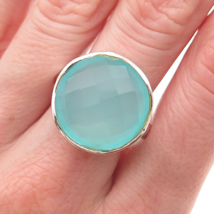 925 Sterling Silver Real Blue Chalcedony Modernist Ring Size 9.5