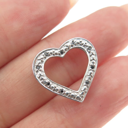 925 Sterling Silver Real Round-Cut Black Diamond Heart Minimalist Slide Pendant