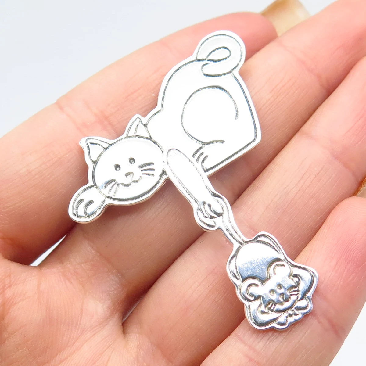 925 Sterling Silver Vintage Mexico Cat & Mouse Movable Pin Brooch