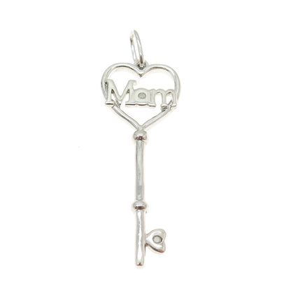 FUZION 925 Sterling Silver Real Round-Cut Diamond "Mom" Heart Key Pendant