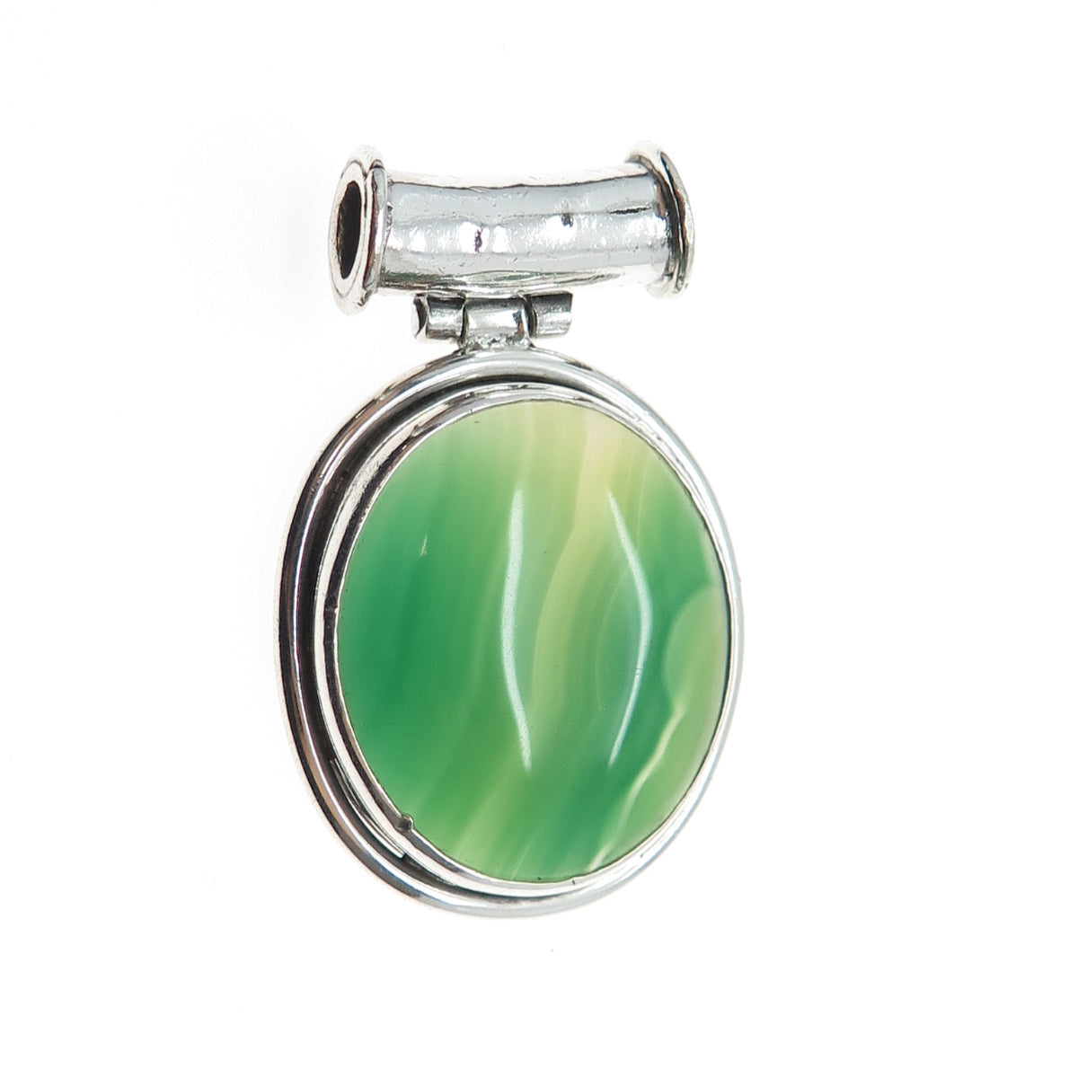 925 Sterling Silver Vintage Real Green Agate Modernist Oxidized Slide Pendant