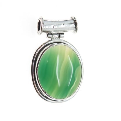 925 Sterling Silver Vintage Real Green Agate Modernist Oxidized Slide Pendant