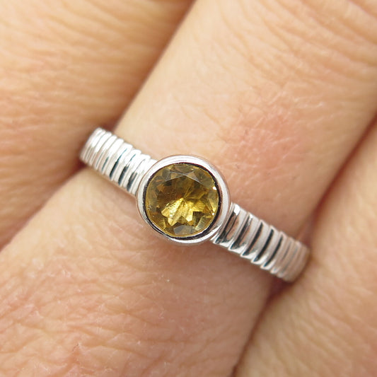 SMK 925 Sterling Silver Real Citrine Gemstone Ribbed / Striped Ring Size 7.75