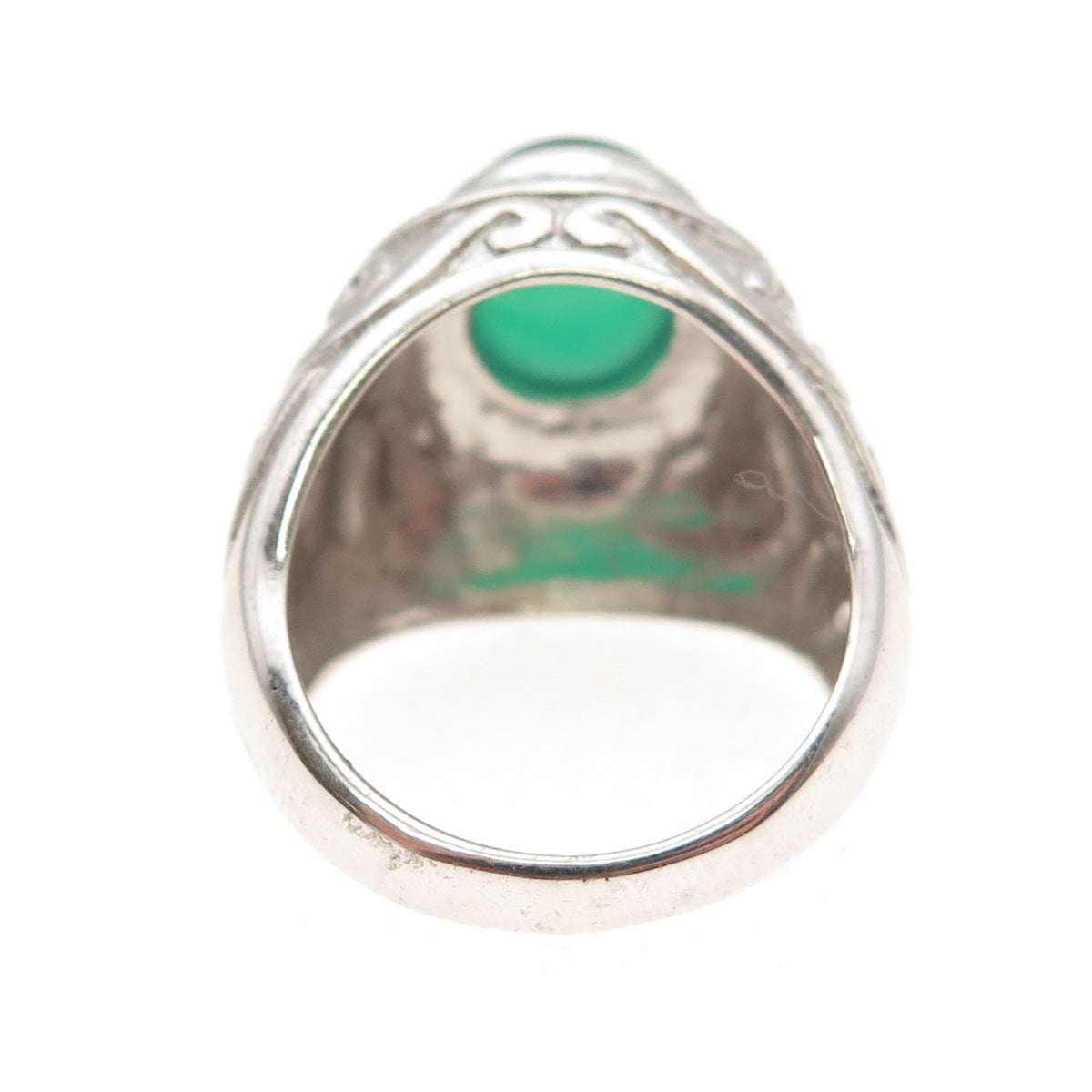 925 Sterling Silver Real Green Agate Floral Scroll Ring Size 7.75