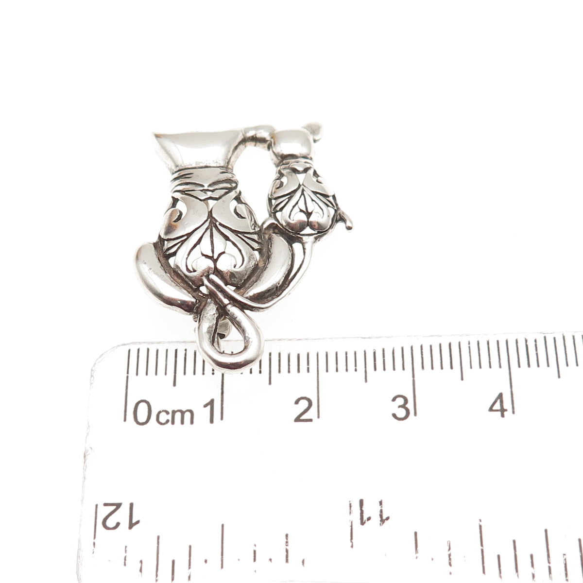 JEZLAINE 925 Sterling Silver Vintage Cat & Mouse Floral Oxidized Pin Brooch