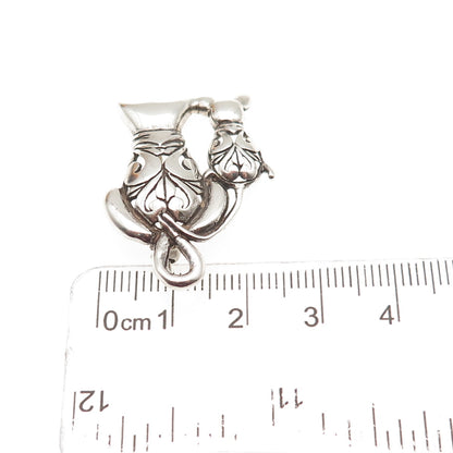JEZLAINE 925 Sterling Silver Vintage Cat & Mouse Floral Oxidized Pin Brooch