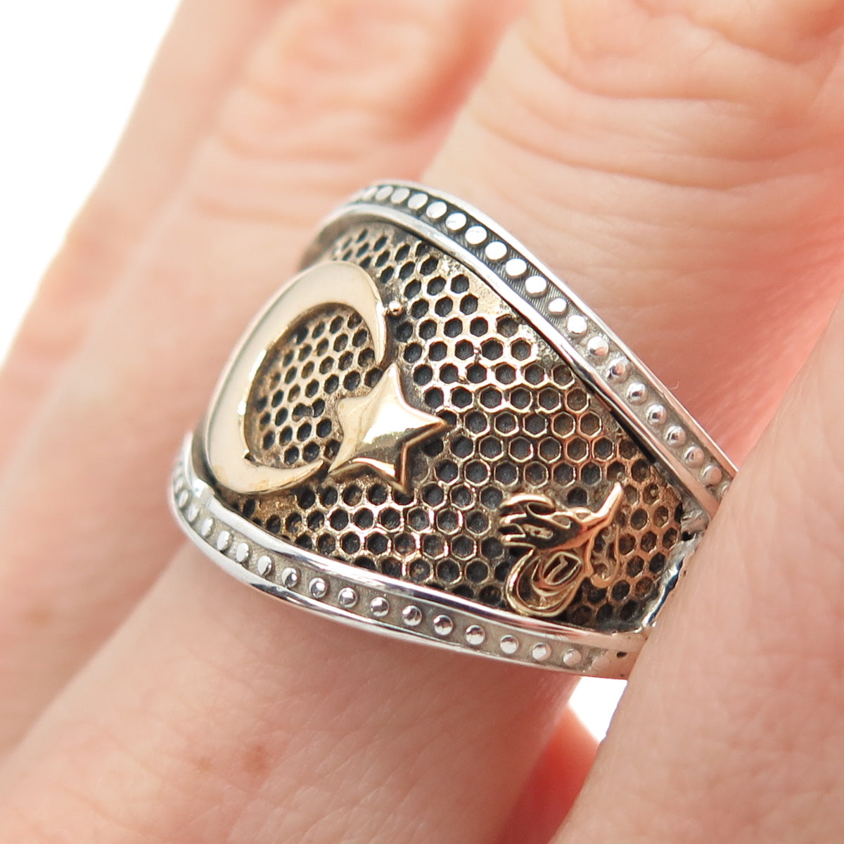 925 Sterling Silver 2-Tone Vintage Crescent & Star Allah Muslim Ring Size 12.5
